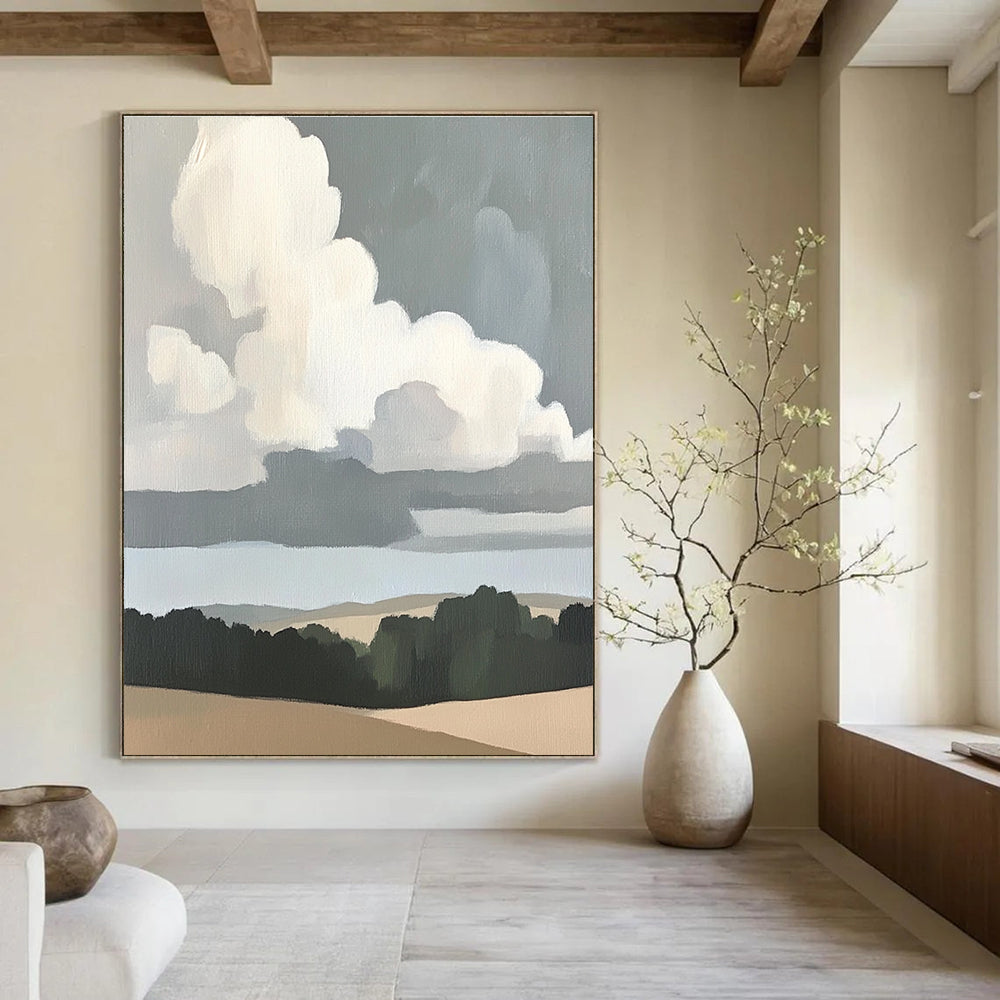 Abstract painting of clouds over plains featuring neutral colors and soft tones inspired by Merian and Morris with thick brush strokes.STSC1390
