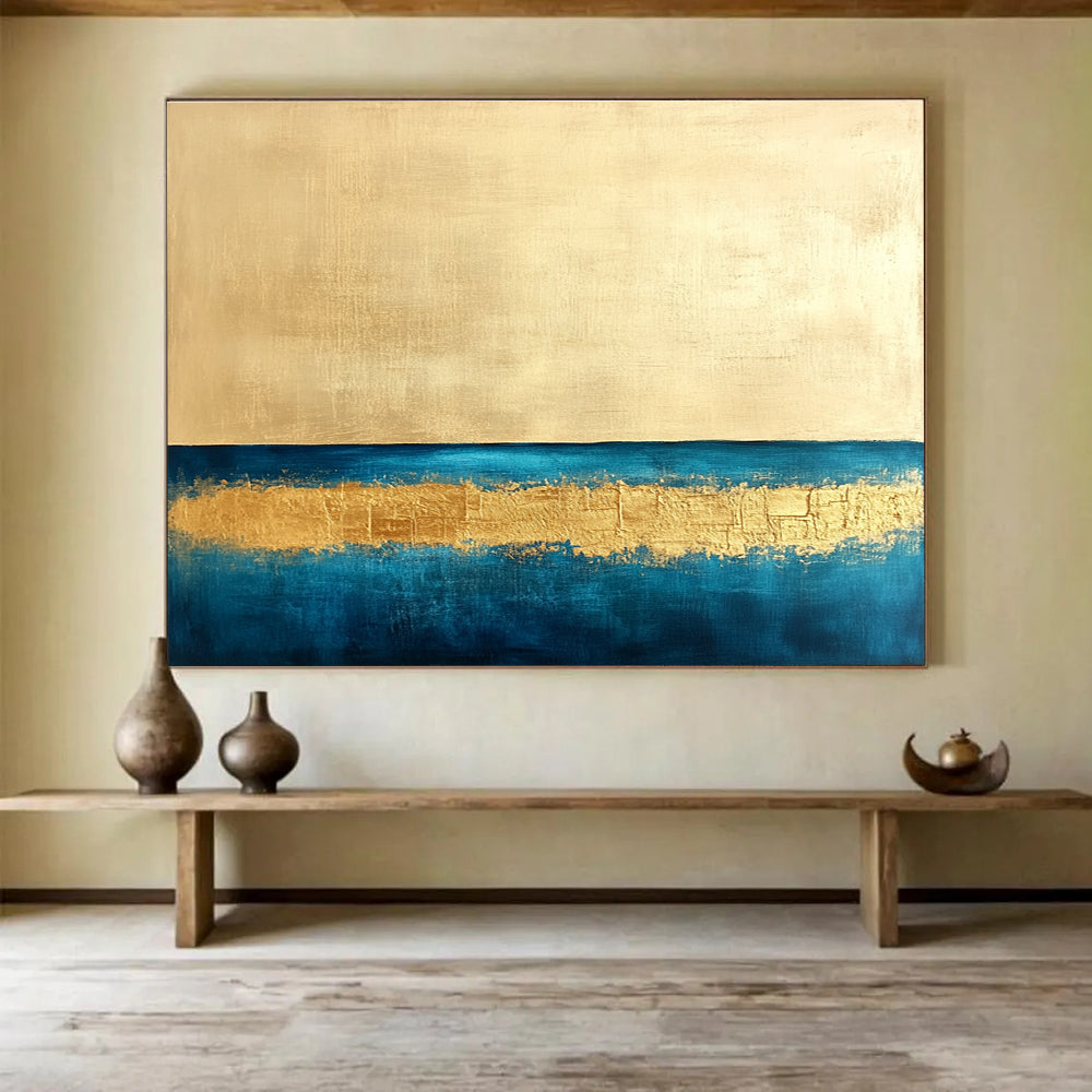 Gold and Blue Minimalist Abstract Painting with Textured Gold Band DYP314
