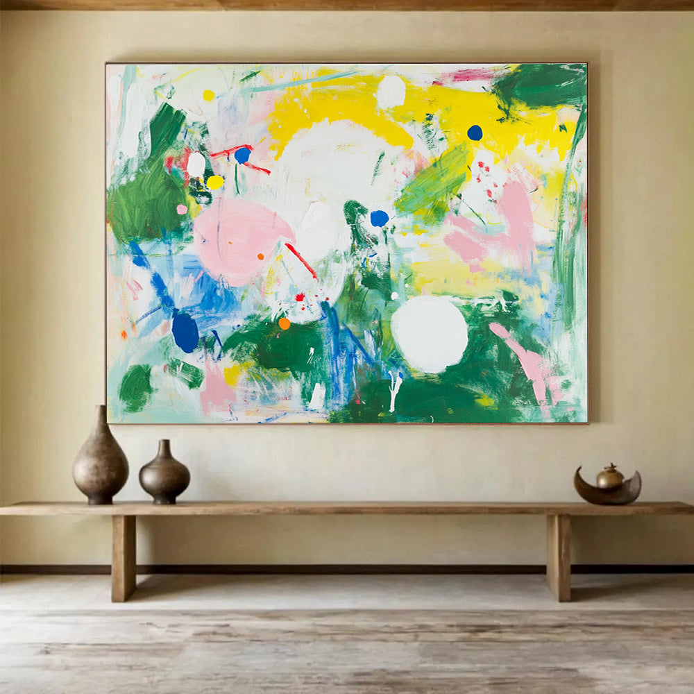 Colorful Abstract Painting with Dots and Shapes in Green Yellow Pink DYP390