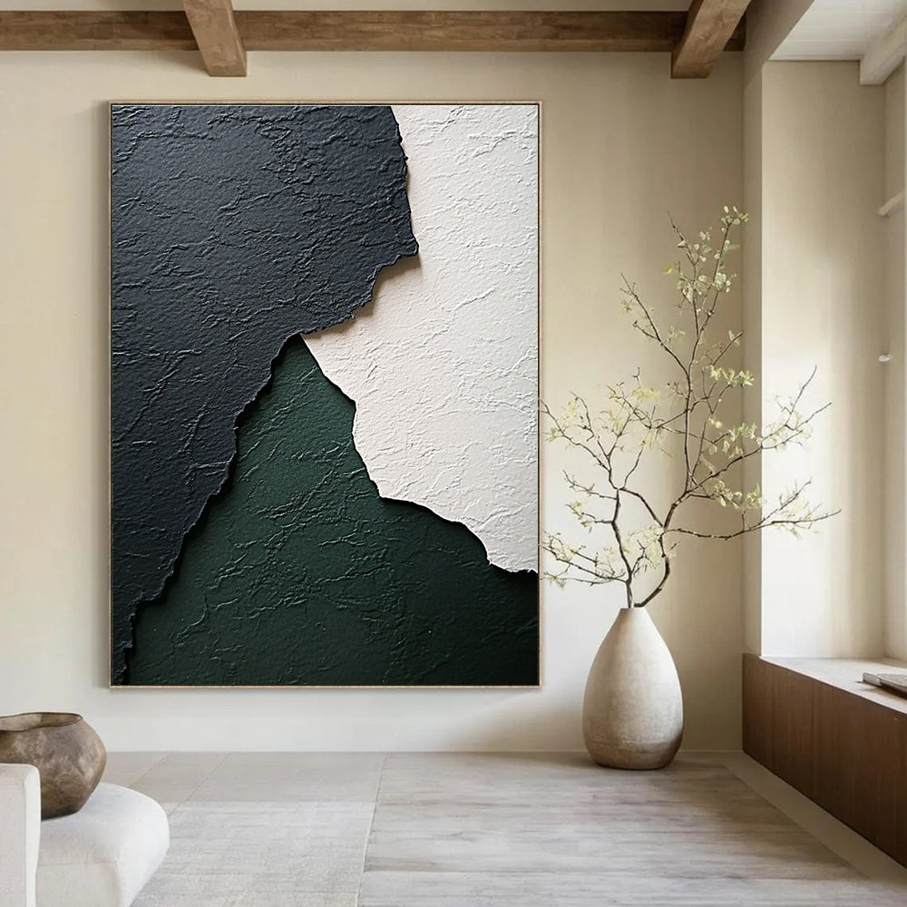 Abstract art featuring textured black white and green paper with subtle gray and emerald tones and a wave-like shape enhancing its worn appearance.STSC1281