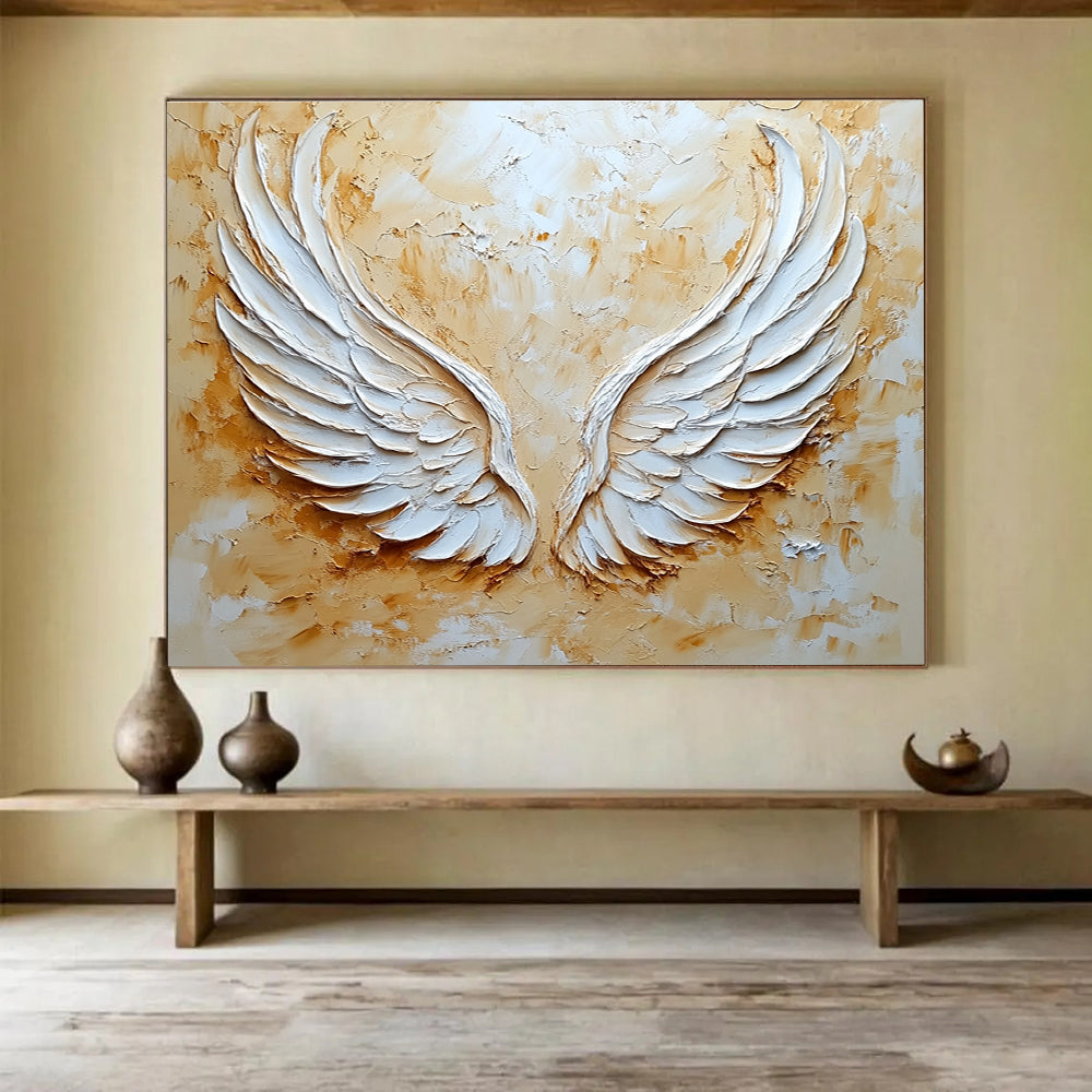 Textured Angel Wings Abstract Painting with Gold and White DYP165
