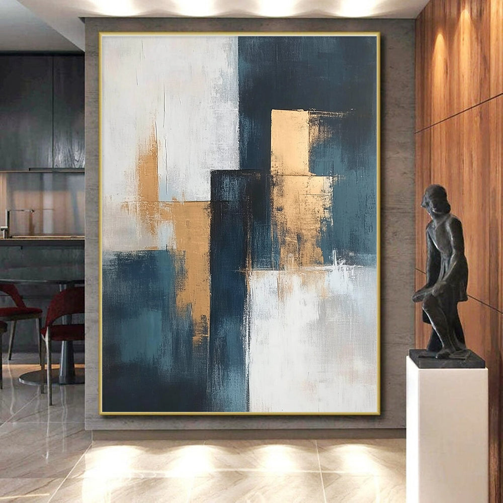 Teal and Gold Abstract Painting with Geometric Elegance GER374