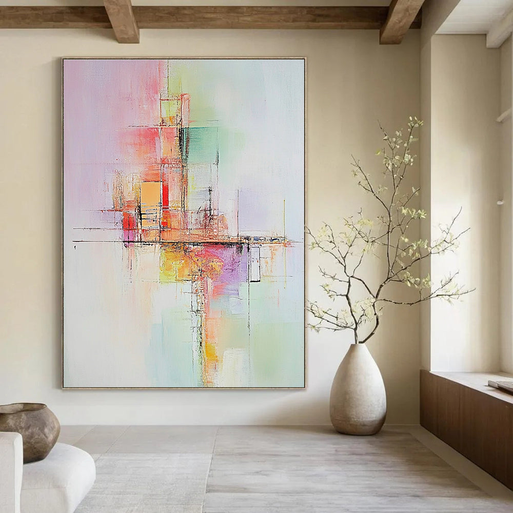 Large abstract painting with soft pastel colors depicting abstract buildings conveying calmness and dynamic balance enhanced by warm tones and textures.STSC803