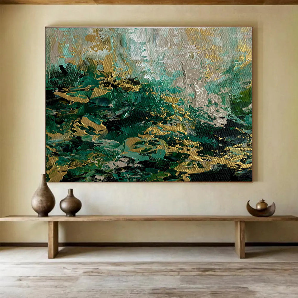Green Gold Abstract Painting with Lush Textures THY355