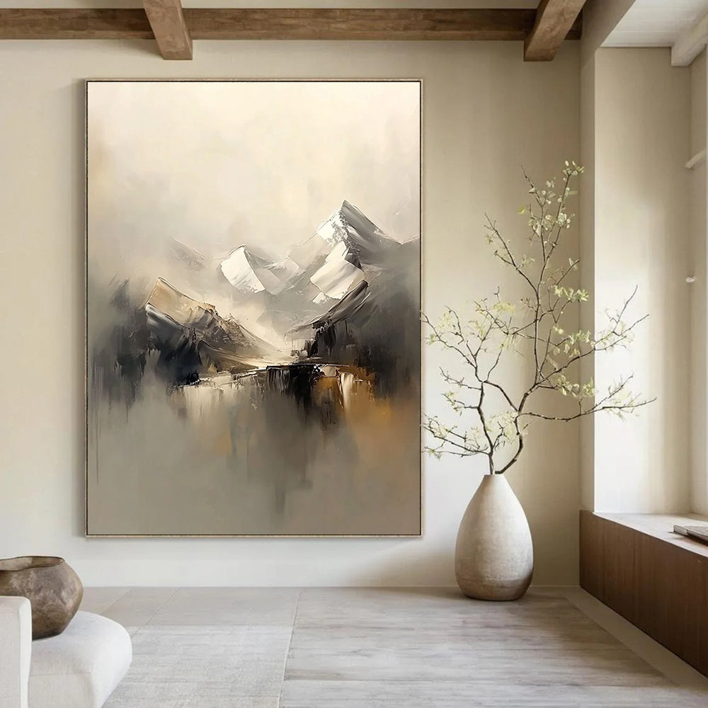 Abstract painting of snowy mountains in a foggy beige and grey palette featuring soft brush strokes for a serene atmosphere.STSC699