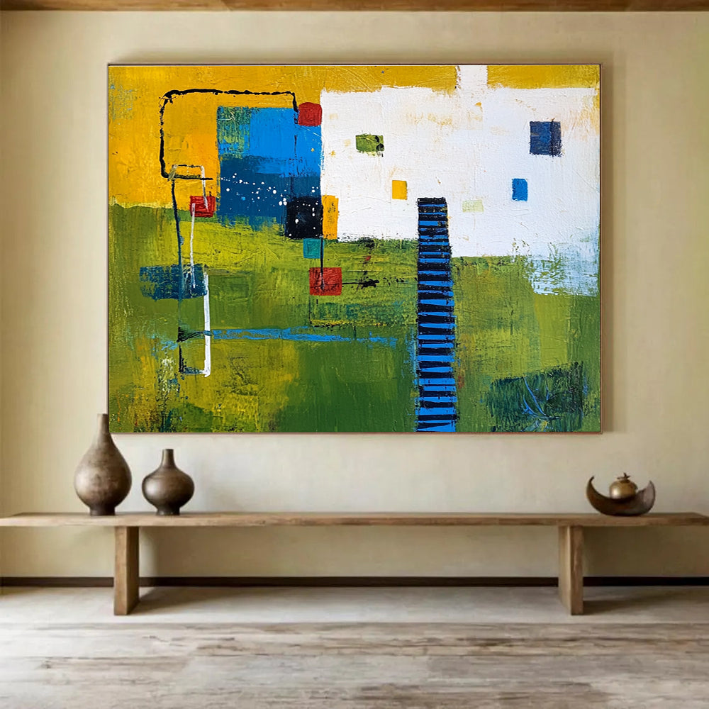 Colorful Village Abstract Painting with Bright and Earthy Hues DYP352