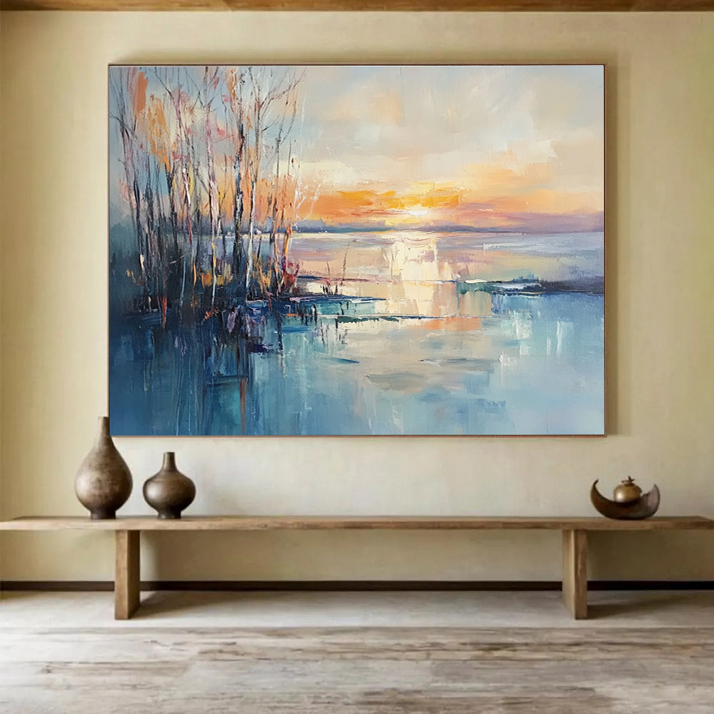 Sunset Lake with Bare Trees Abstract Landscape Painting DYP292