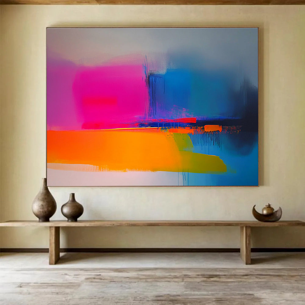 Large abstract painting in neon pink yellow blue orange and green featuring soft gradients smooth brush strokes and a minimalist landscape with blurry edges.SC149