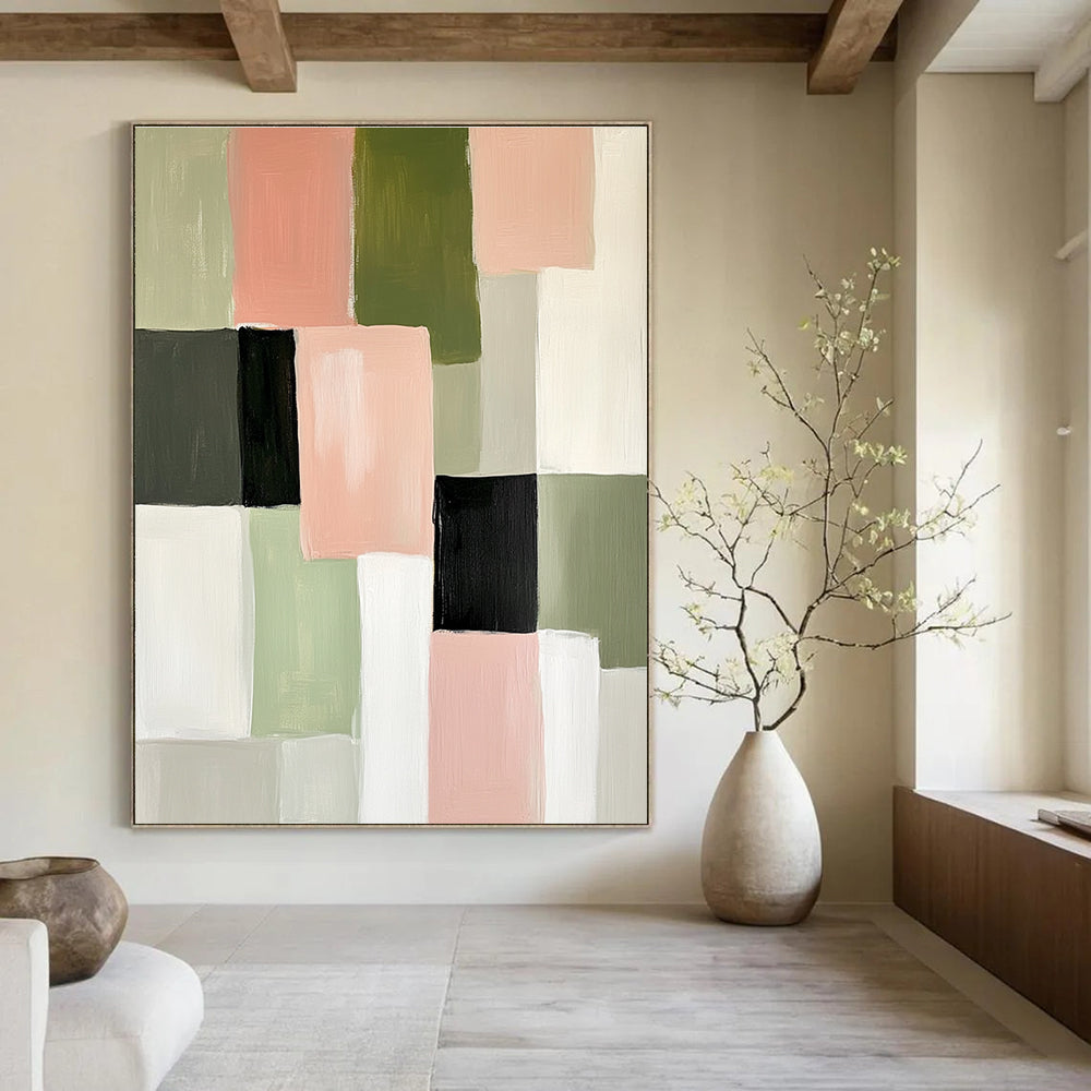 Abstract painting featuring soft pink green and white blocks of color creating an elegant minimalist composition perfect for modern decor.STSC448