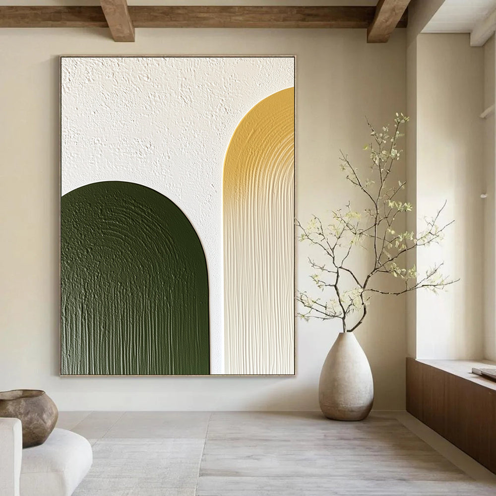 Abstract artwork featuring olive green and mustard yellow half-arches on a textured white wall with minimalist simple lines.STSC964