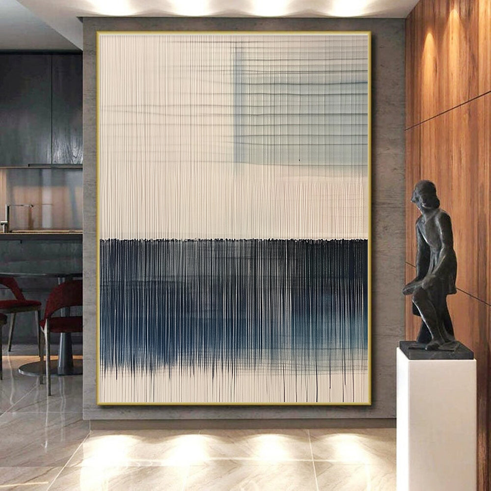 White and Blue Line Abstract Painting with Vertical Strokes GER073