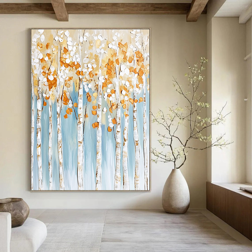 Large abstract painting featuring birch trees with white and gold leaves on a light blue background with textured brushstrokes in neutral tones.STSC302