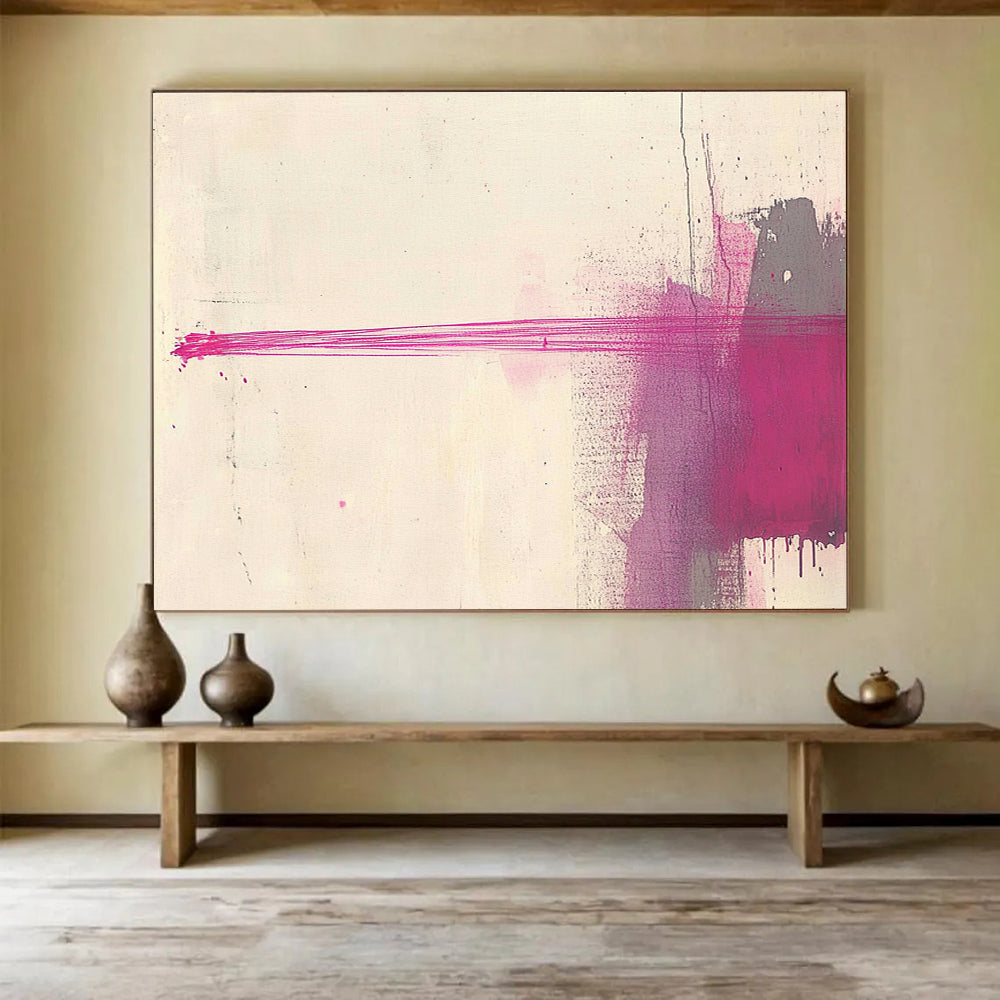 A large abstract painting featuring an elongated red line against a light beige background, creating elegance through simplicity and depth in minimalistic design.SC550