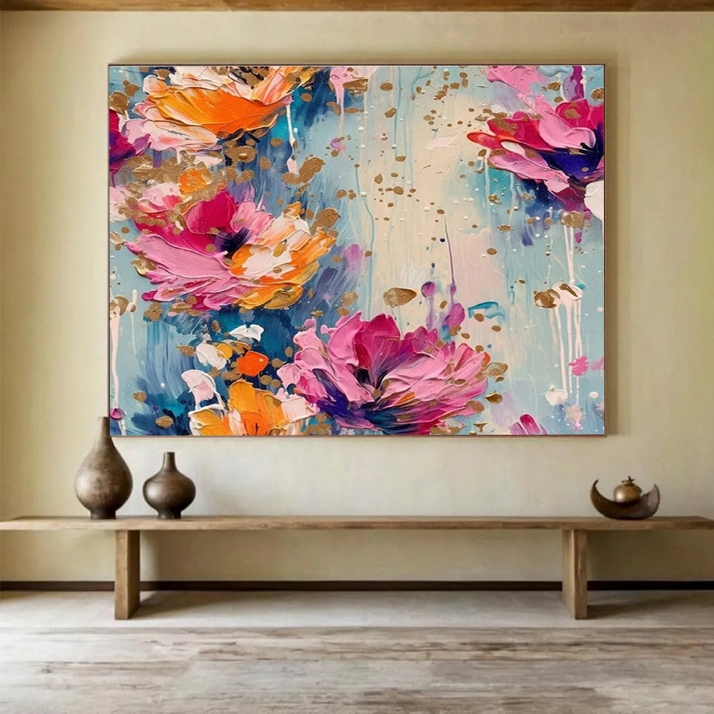 Gold - Accented Floral Abstract Painting with Pink, Orange, and Blue Hues THY305