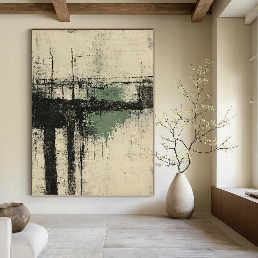 Large abstract painting of an old pier in neutral greens and grays capturing the essence of Kathryn Statsny's style.STSC658