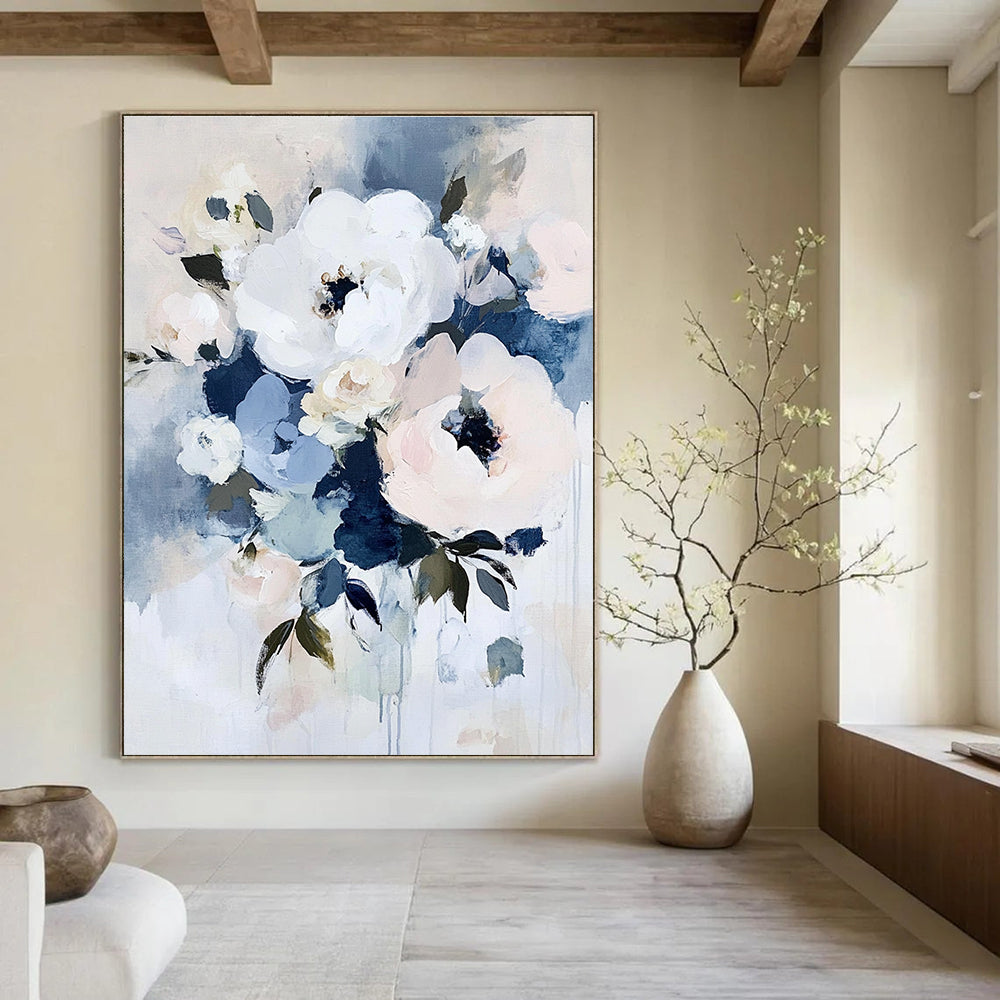 Large abstract floral painting in soft shades of white blue pink and green evokes tranquility and romance with an elegant bouquet composition.STSC054
