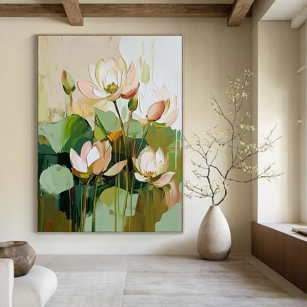 Large abstract painting featuring green plants and lotus flowers in a beige pink and white color palette with detailed brush strokes in a cottagecore style.STSC188