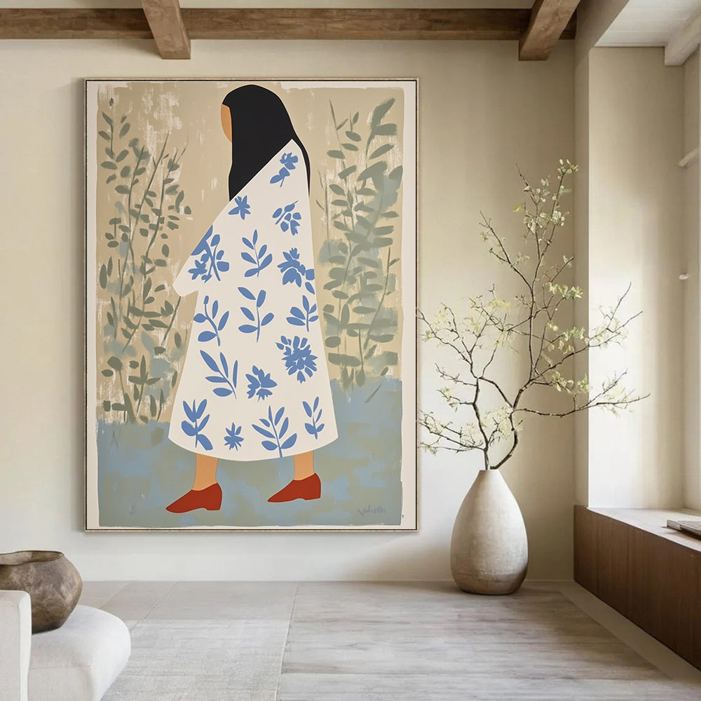 Abstract artwork featuring a woman in a floral robe with red shoes and long black hair against a beige and green background.STSC1260