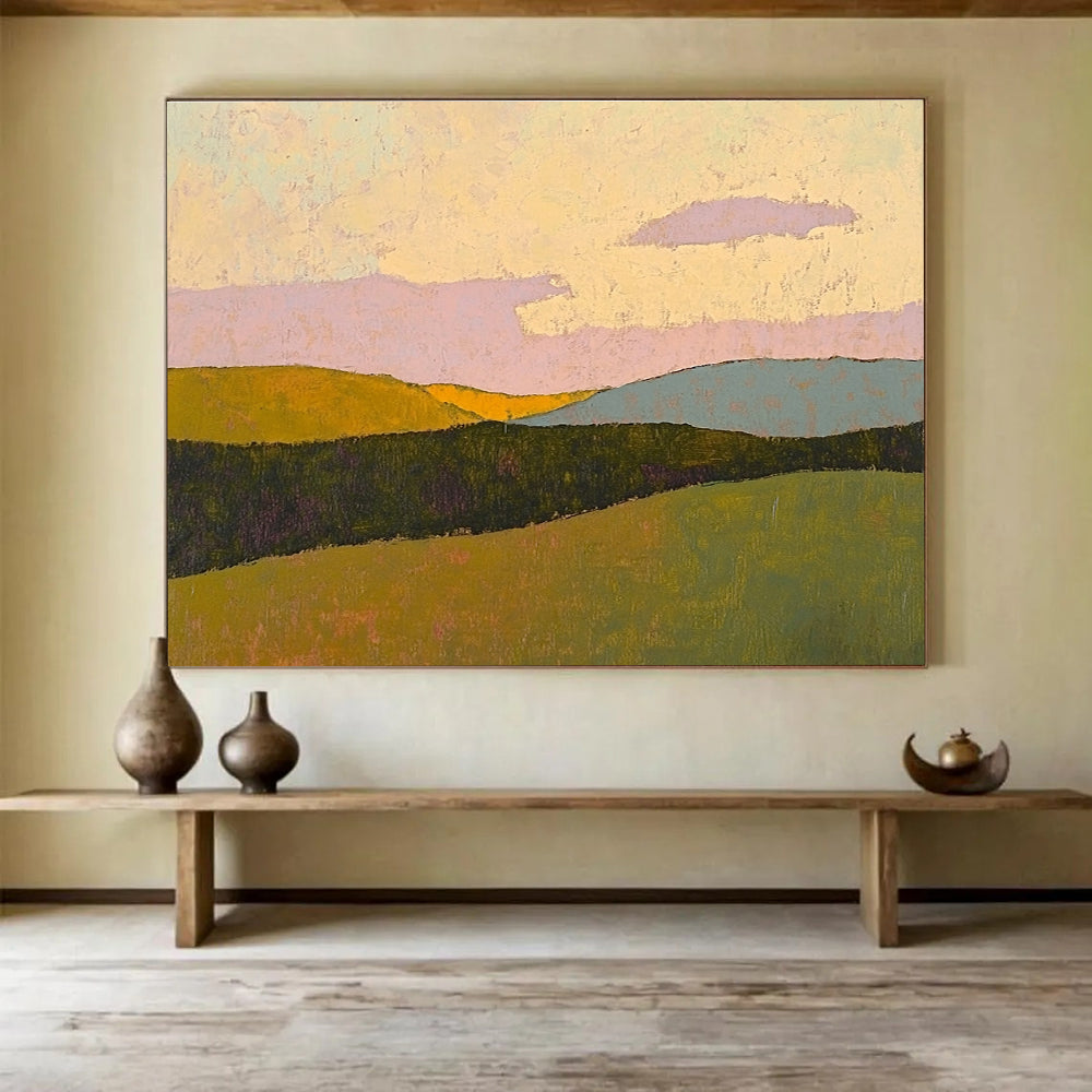 Large abstract painting in pastel colors showcases rolling hills under a sunset sky with textured impasto technique on paper.SC578
