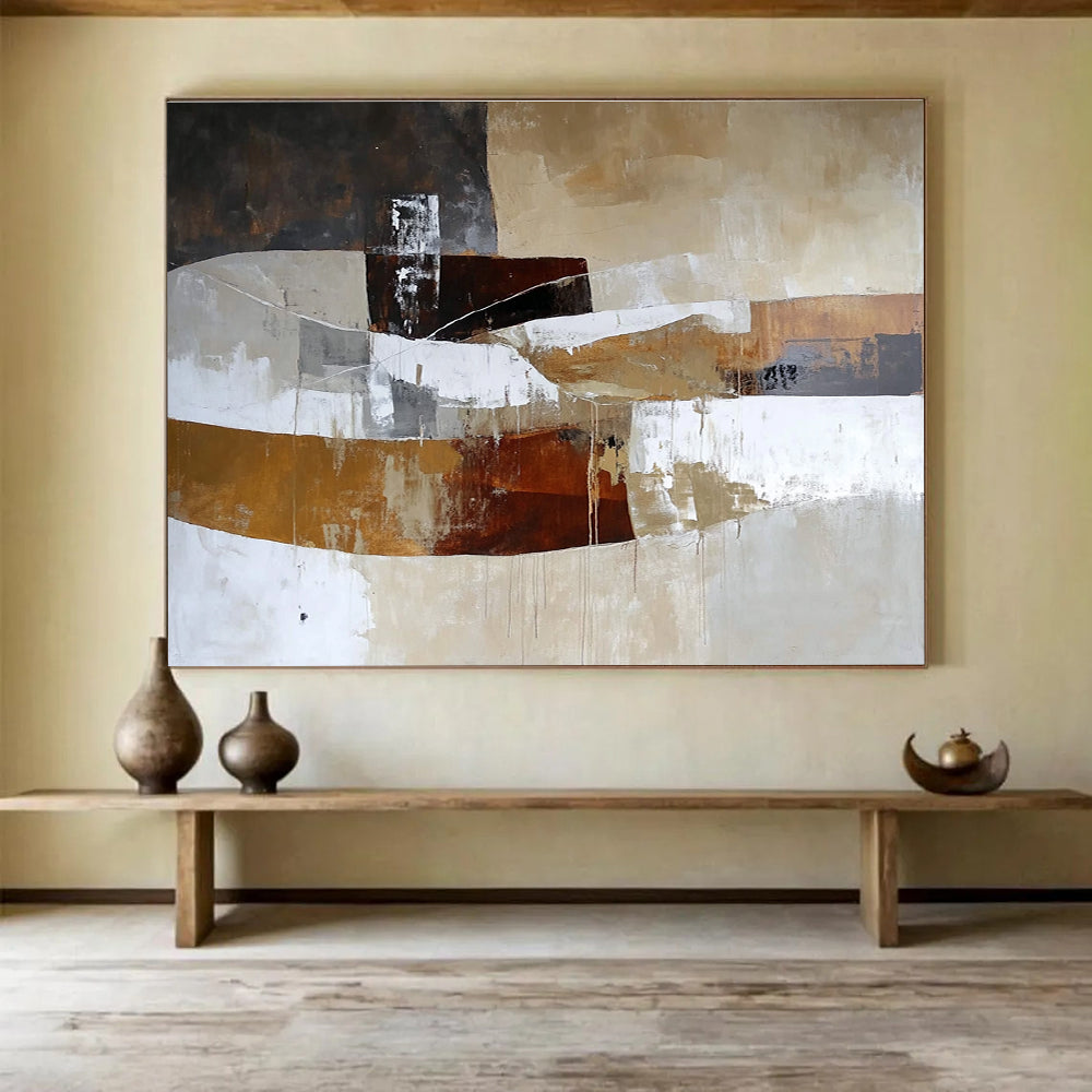 A large abstract oil painting featuring shapes and lines in earthy tones of white beige brown and grey in a rustic landscape styleSC321