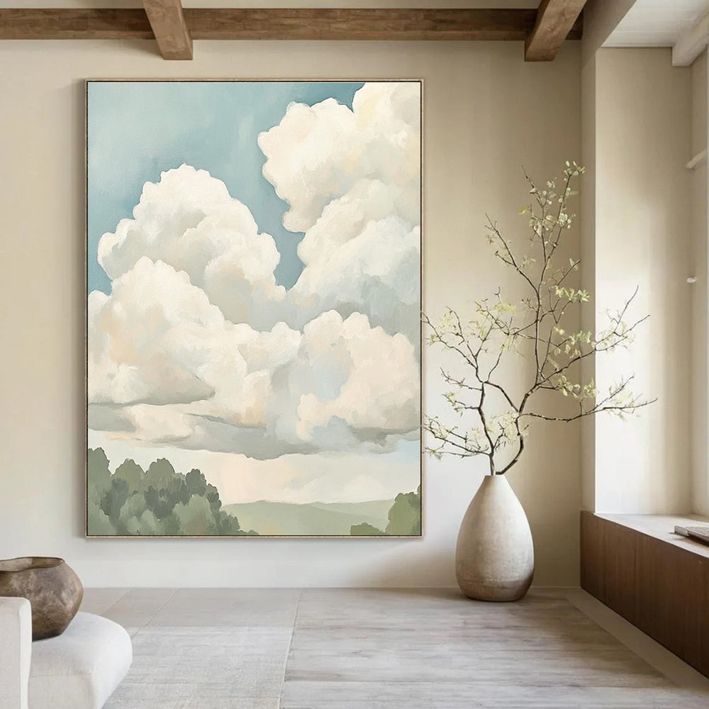 Large abstract painting featuring soft clouds in muted colors and neutral tones, creating a calming and serene atmosphere.STSC1395