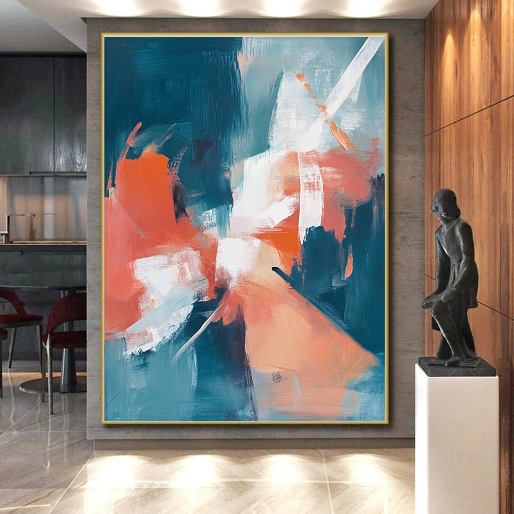 Teal and Coral Abstract Painting with Soft Textures GER641