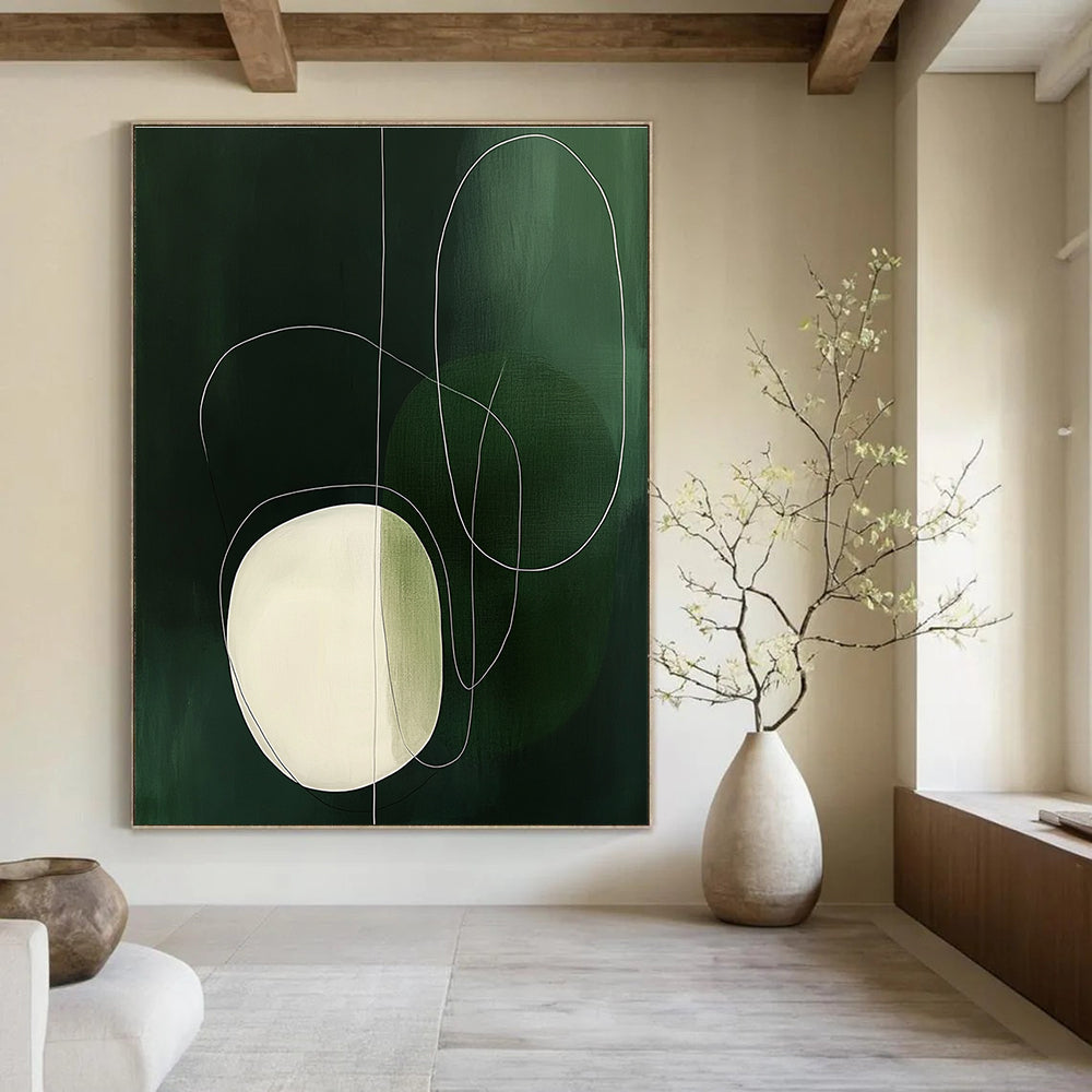 Large abstract painting featuring simple white and green shapes, an oval with delicate outlines, creating a serene and elegant atmosphere.STSC131