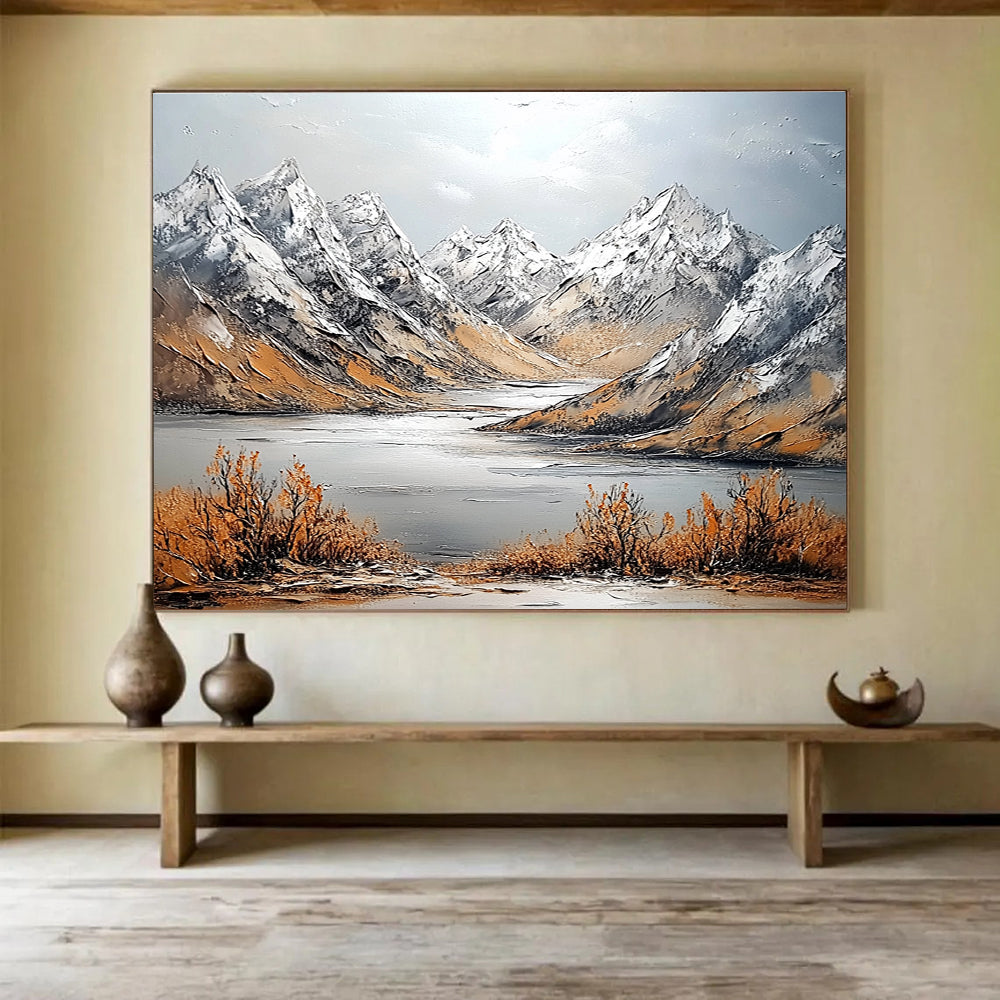 Large abstract painting featuring snowy mountains and intricate textures with a panoramic view of a distant river and soft light.SC611
