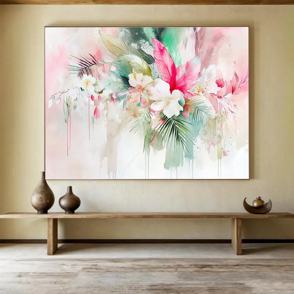 Abstract watercolor painting featuring tropical flowers and leaves with a pink sage green and white background showcasing soft edges and intricate details.SC290