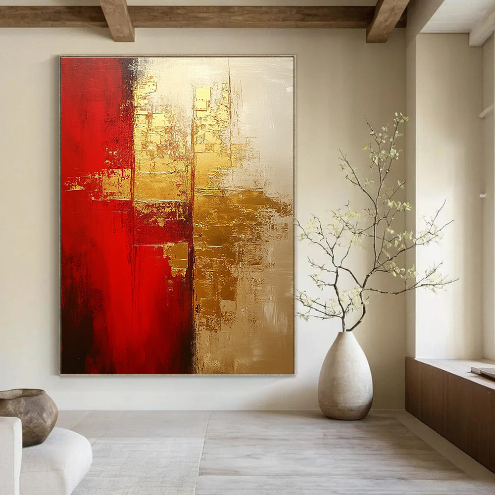 Large abstract painting in warm red and gold tones with soft brushstrokes showcasing depth and emotional warmth on a textured oil canvas.STSC824