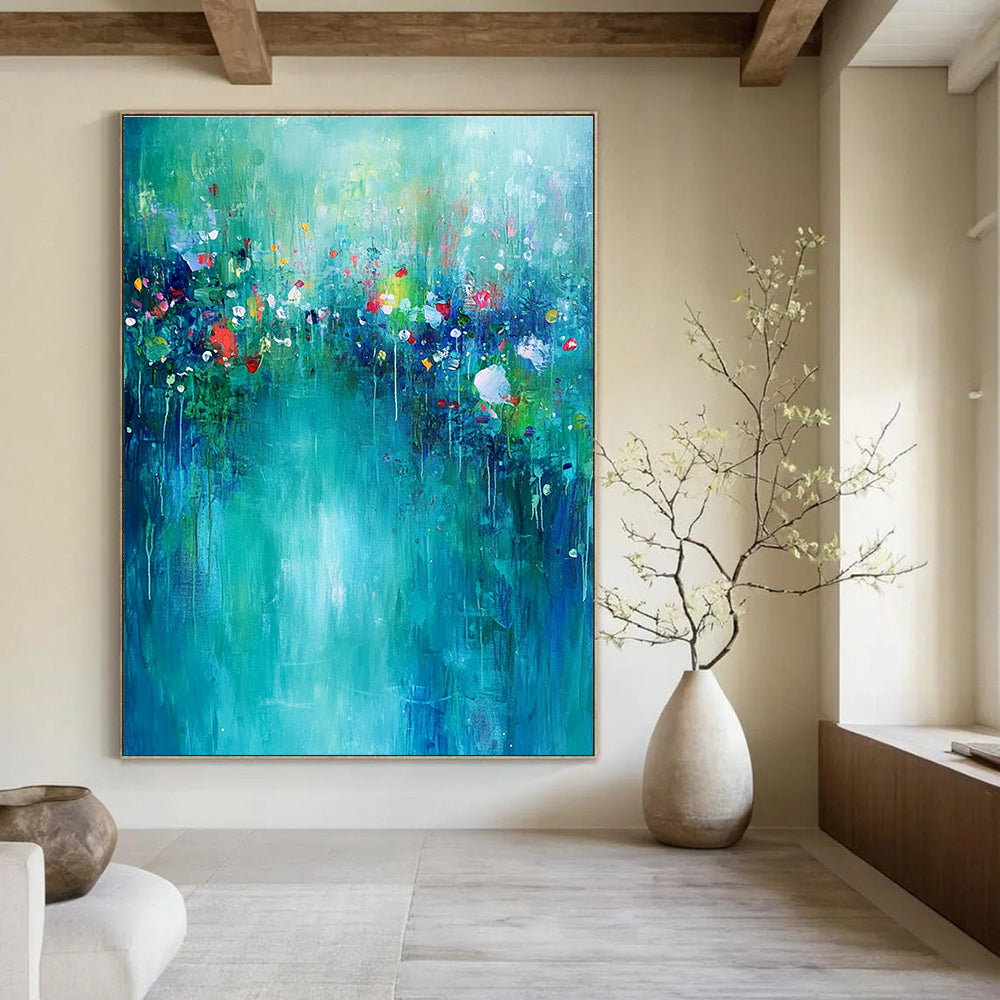 Large abstract painting of an underwater garden featuring vibrant greens and blues with small flowers on a soft turquoise background, evoking calm and tranquility.STSC274