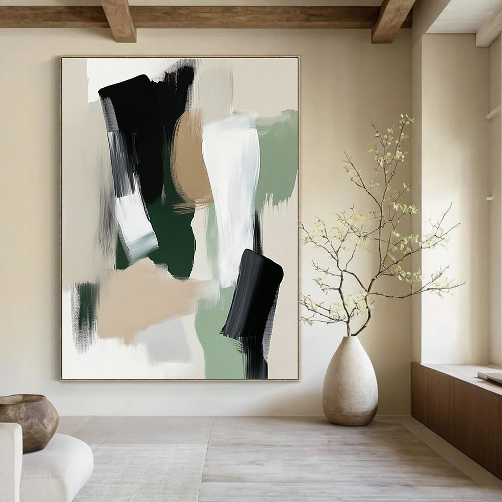 Large abstract painting featuring sage green white and black tones with soft edges and minimalistic brush strokes in a modern art style.STSC791