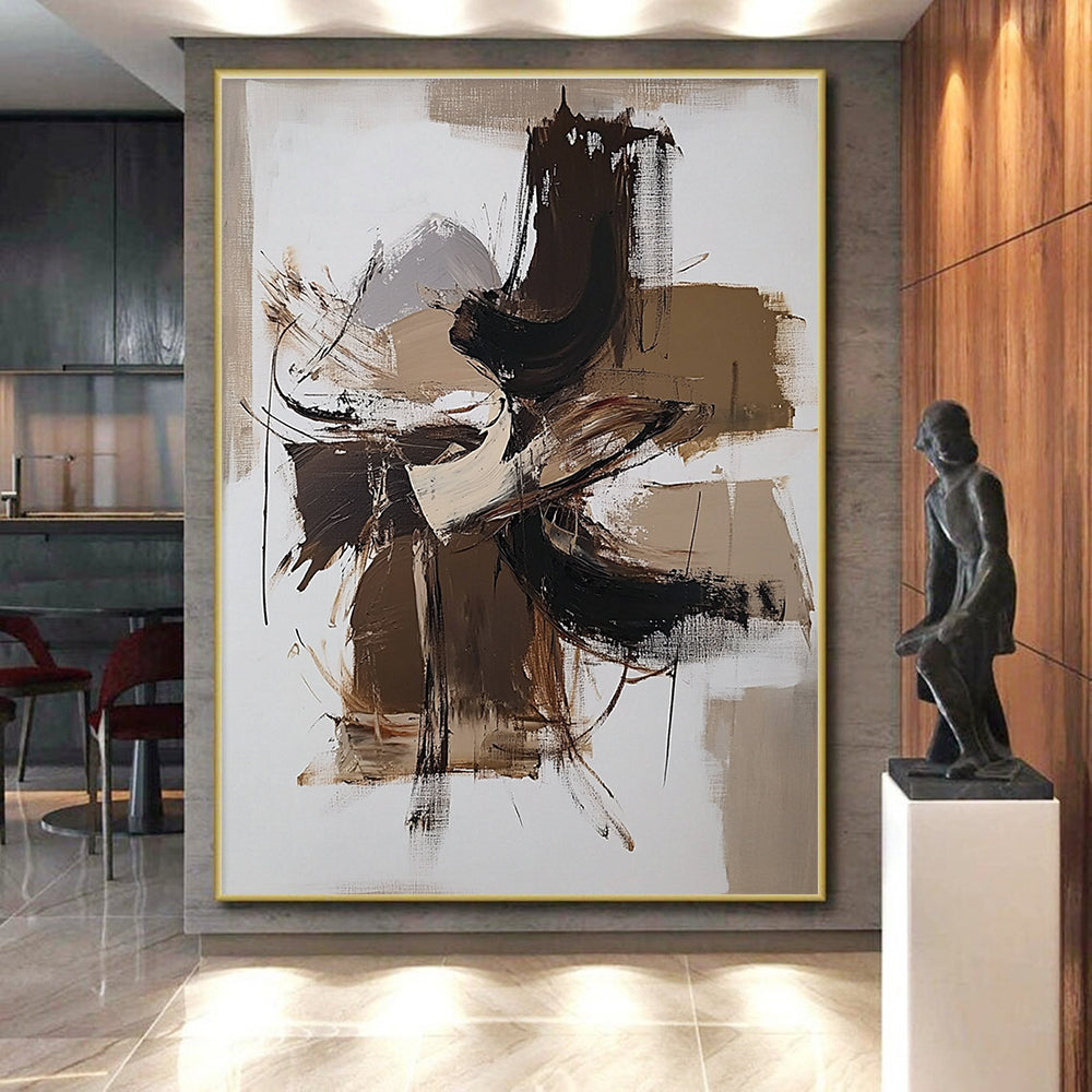 Beige Brown and White Abstract Painting with Energetic Strokes GER639