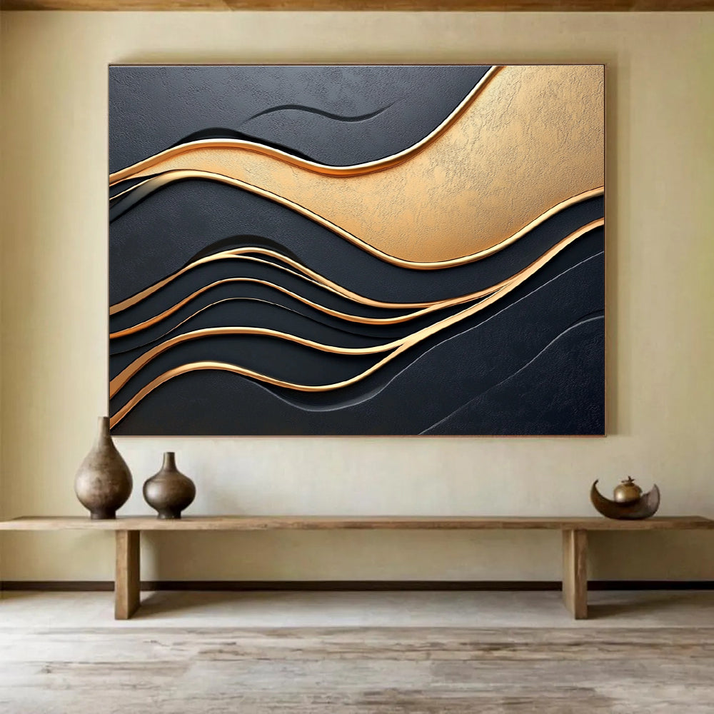 Black and Gold Waves Abstract Painting with 3D Effect DYP166