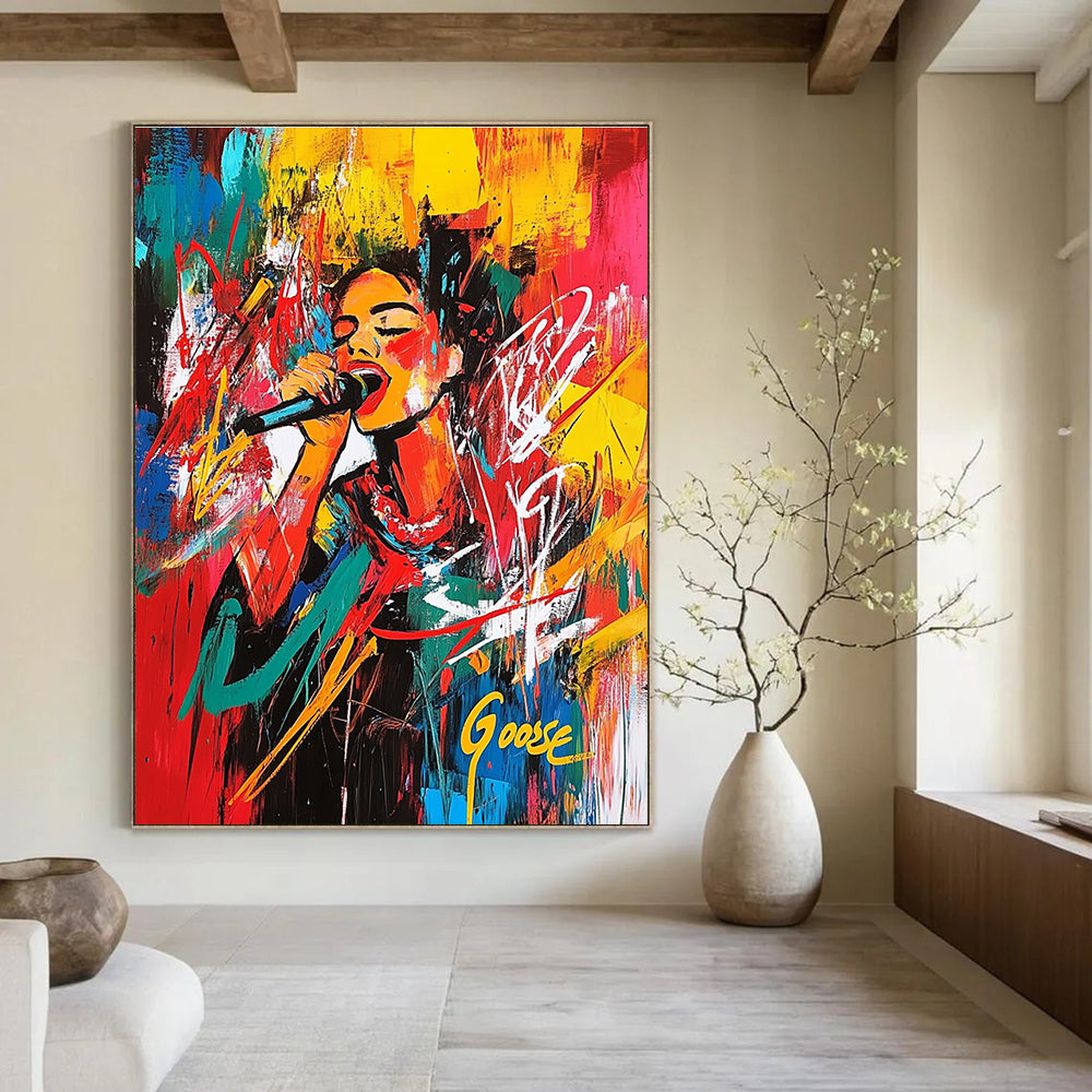 Large abstract painting of DJ Anna Kipreos at Christmas in Stung Treng with vibrant colors and energetic brush strokes creating a chaotic composition.STSC707