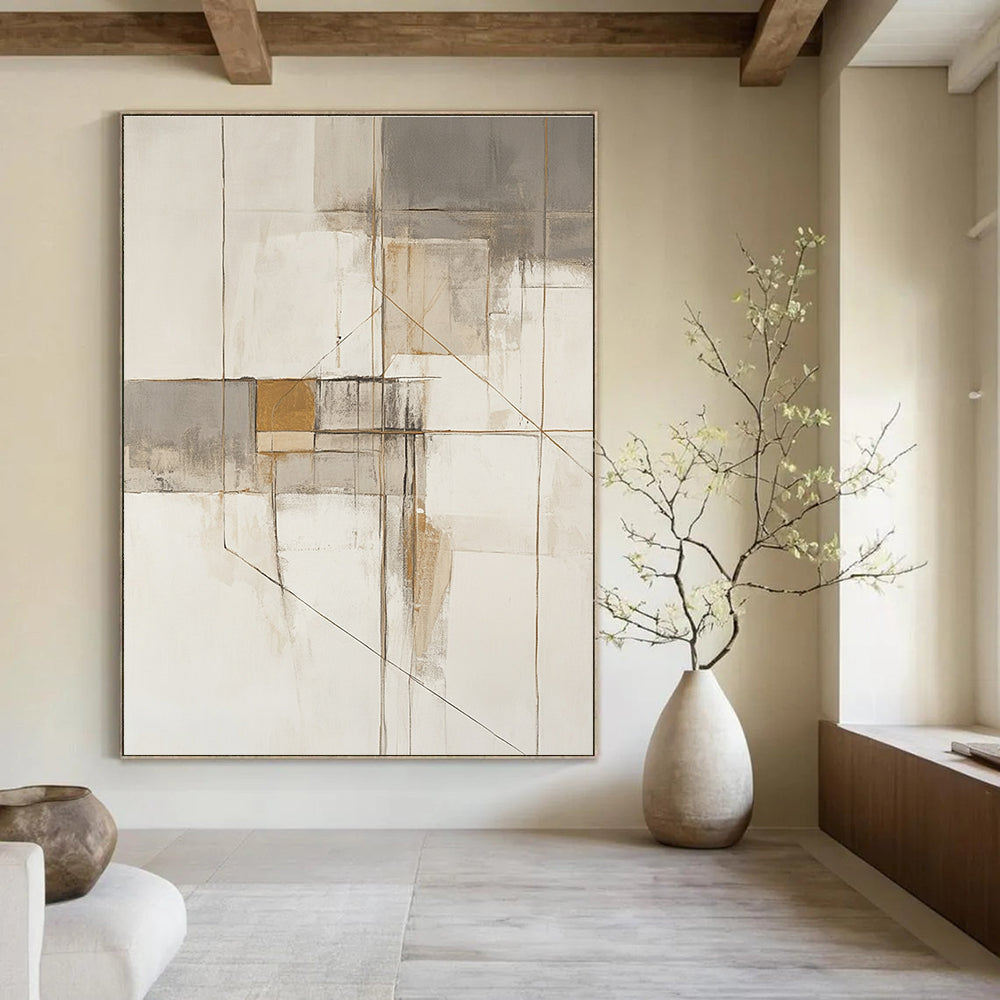 Large abstract painting in neutral tones with gold accents showcasing architectural themes through geometric shapes and lines.STSC620