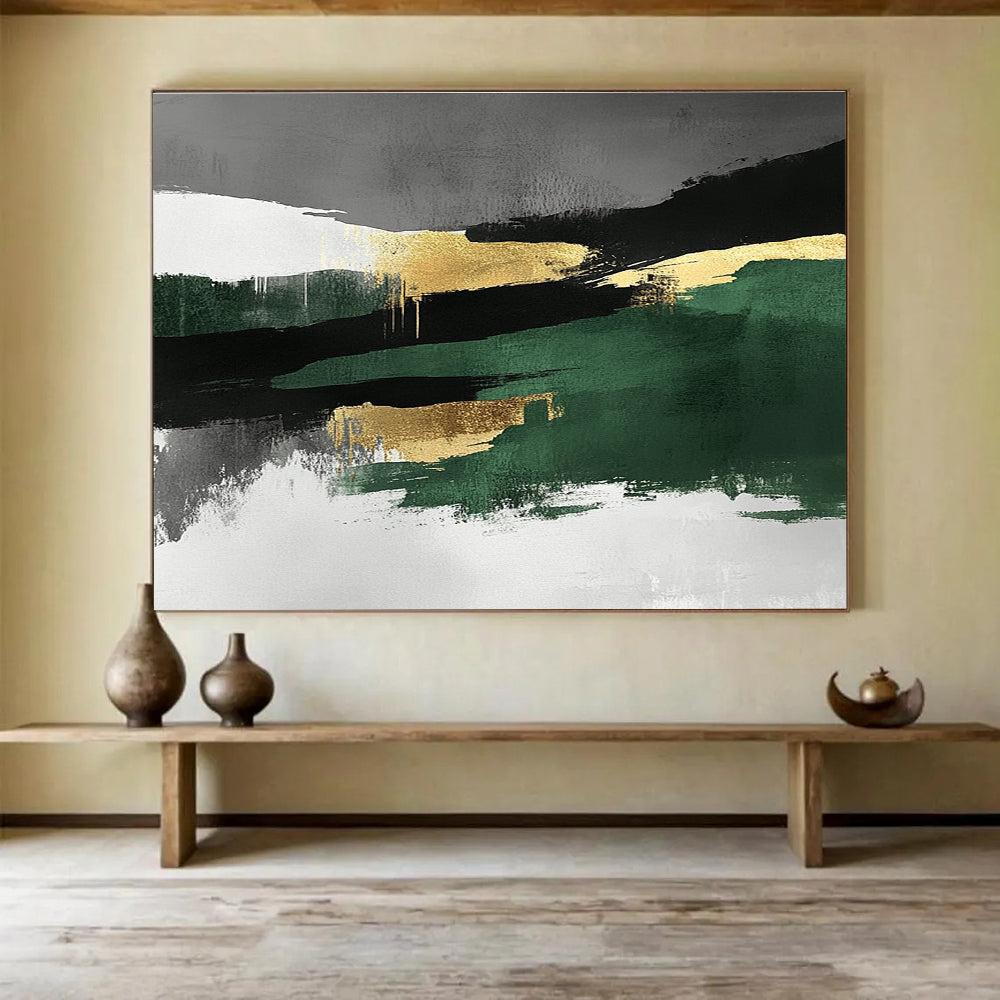 Green Gold and Gray Abstract Landscape Painting with Bold Brushstrokes DYP211