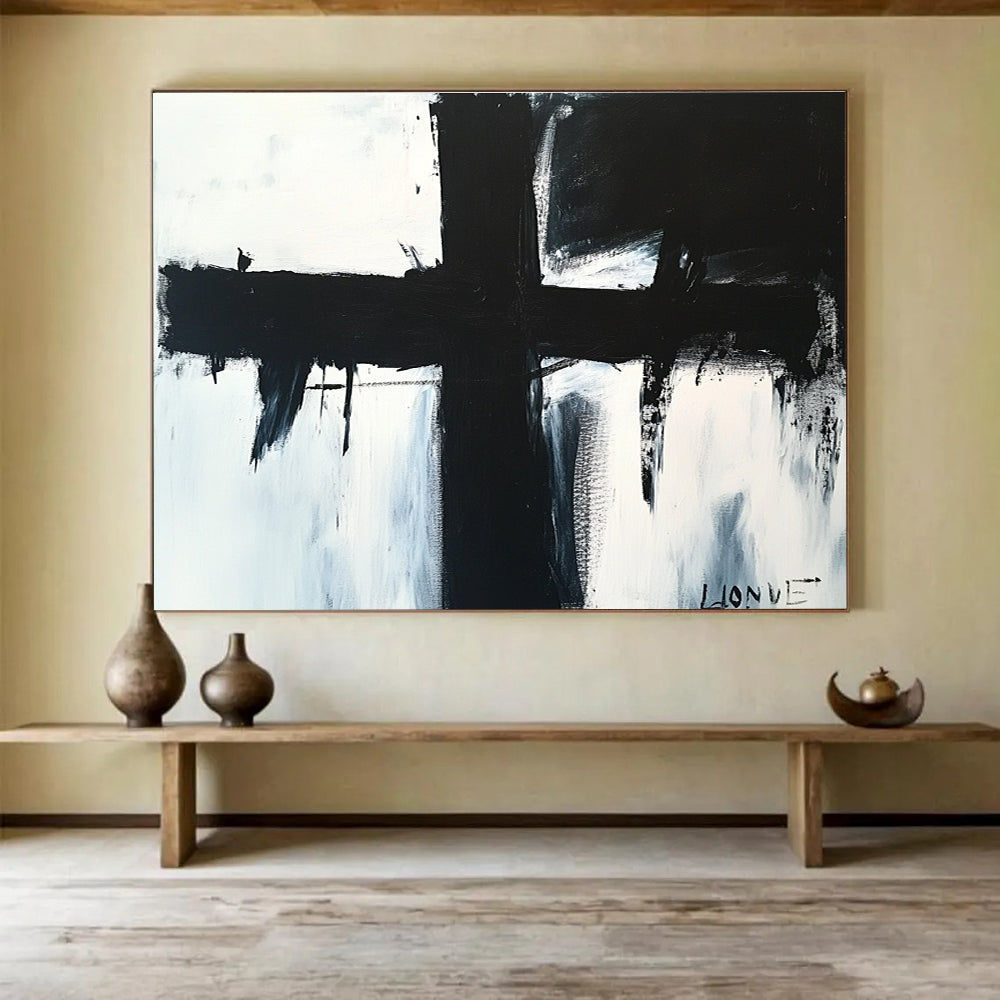 Black and White Cross Abstract Painting with Dripping and Bold Lines DYP179