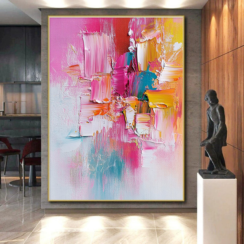 Pink Orange and Teal Abstract Painting with Textured Patches GER487
