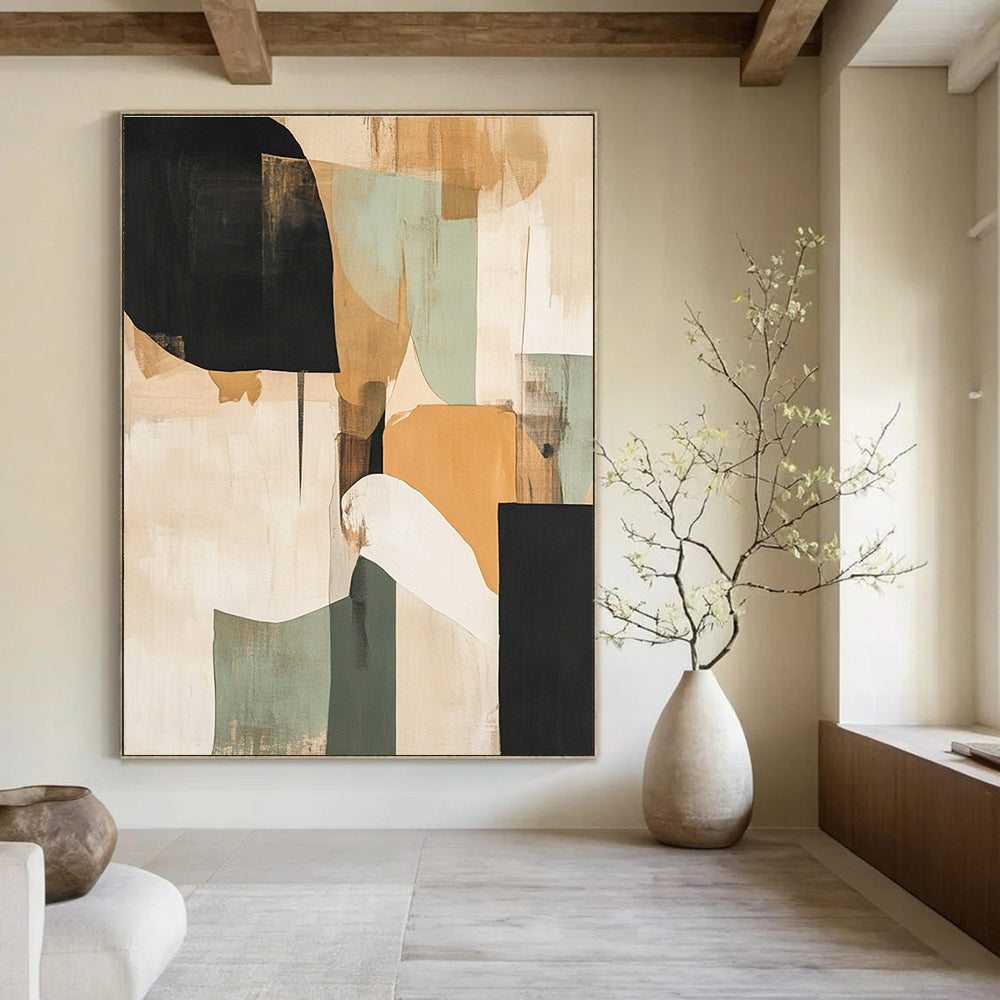 Large abstract painting with beige black and green tones layered with texture featuring organic shapes and a light orange design resembling a tree or cloud.STSC737