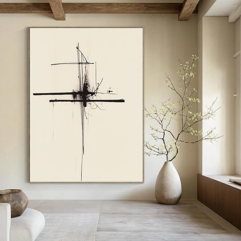 Large abstract painting featuring thin black lines on a white background inspired by Rothko's minimalistic style for a modern artistic touch.STSC1245