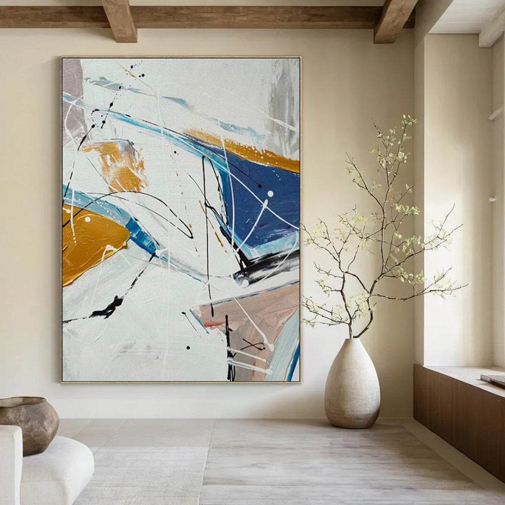 White Blue Yellow Black Abstract Painting ADGE049