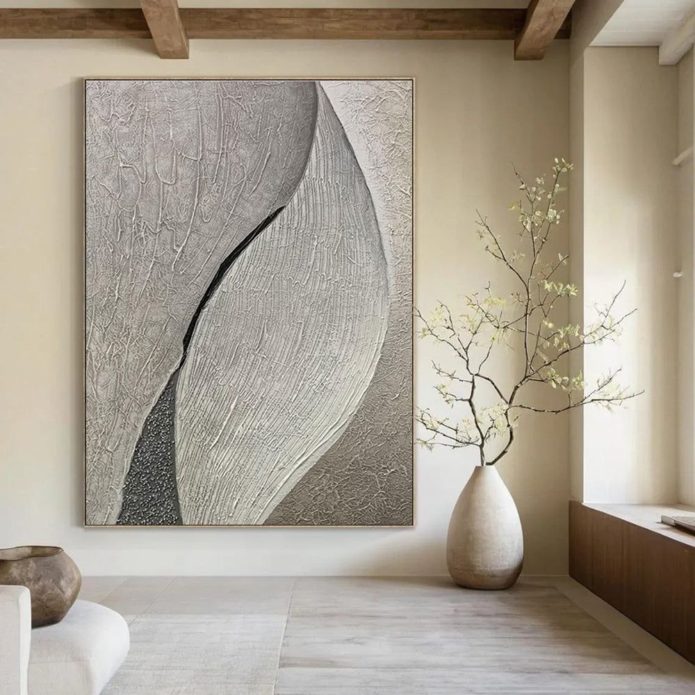 Textured Gray Abstract Painting with Leaf - like Forms ADGE517