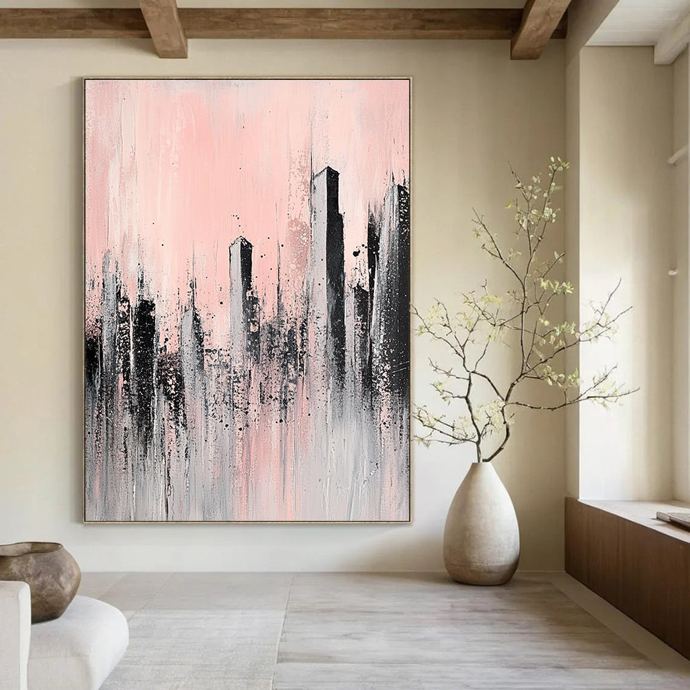 Large abstract painting of skyscrapers in pale pink and grey featuring unique textures that evoke a sense of urban elegance and tranquility.STSC332