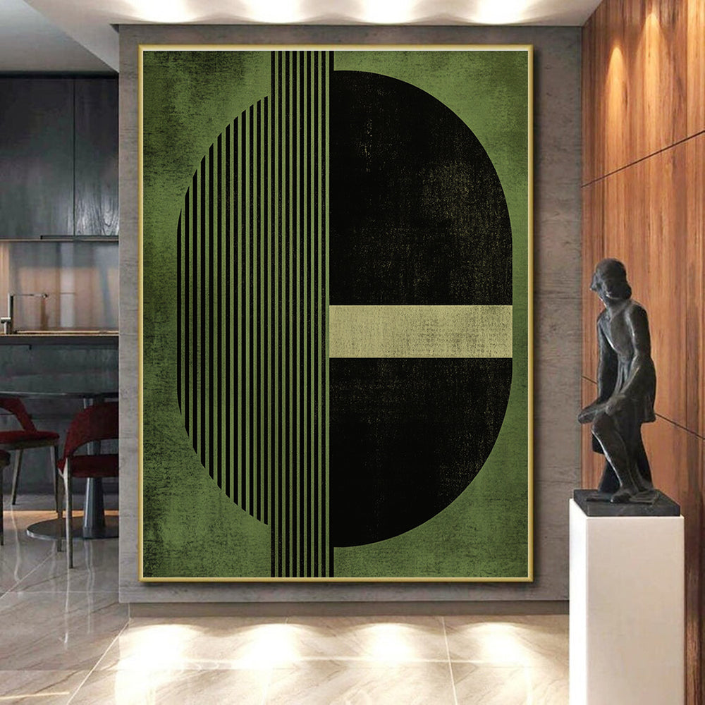 Green Geometric Abstract Painting with Contrasting Elements GER151