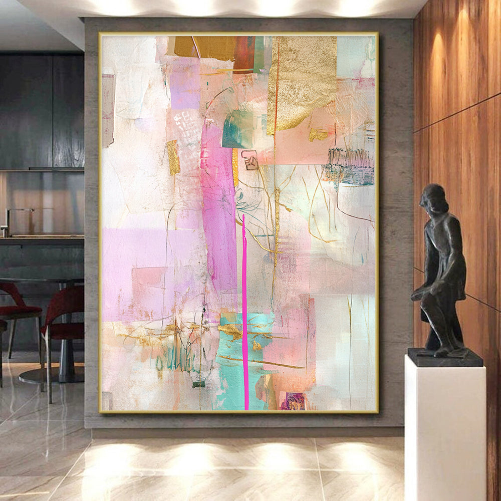 Vibrant Mixed Media Abstract Collage with Pink and Gold GER207