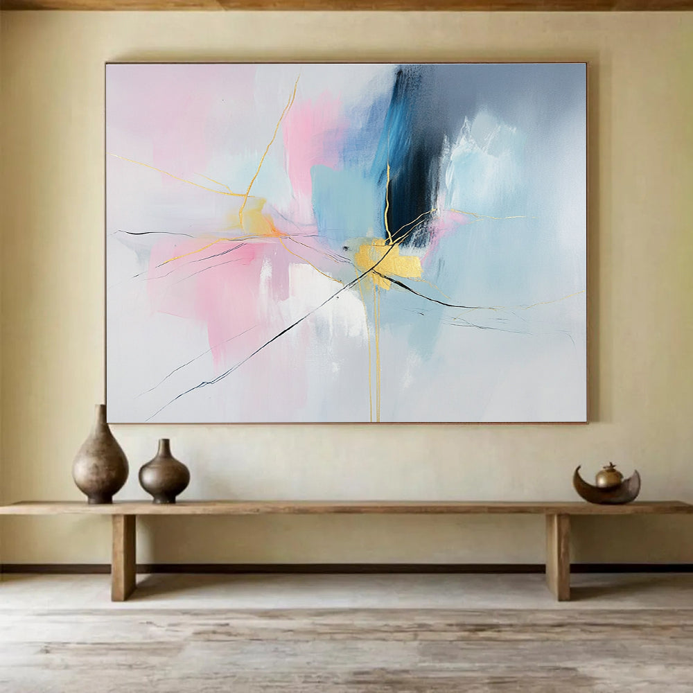 Colorful Abstract with Gold Lines Painting in Pink and Blue DYP441