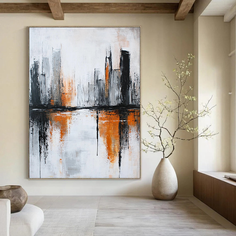 Large abstract painting featuring a river in an urban landscape with orange and gray accents highlighting themes of decay and modern art.STSC406