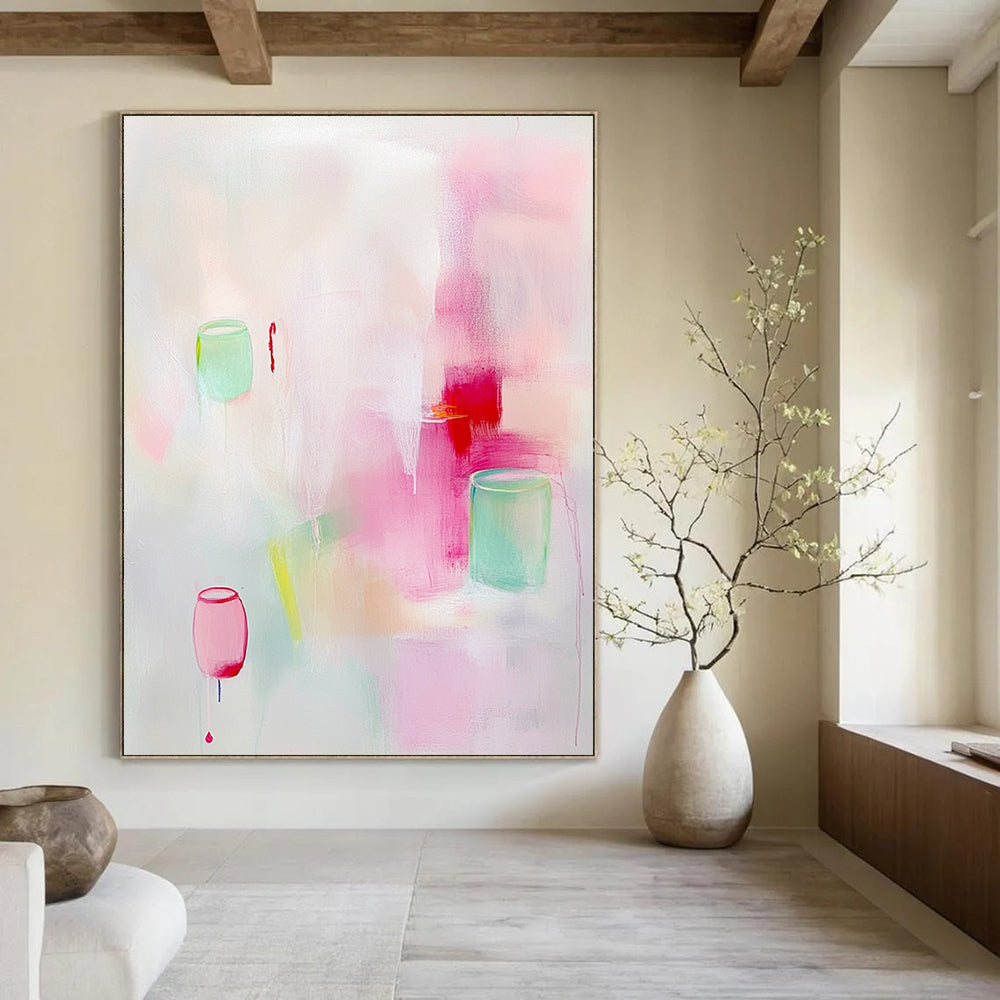Abstract painting featuring soft pastel colors and elegant light pink and white shades with delicate brush strokes and minimalist design.STSC1311