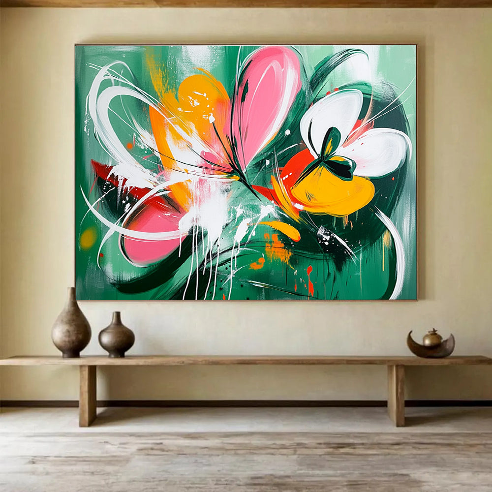 Large abstract painting of wildflowers with dynamic splashes and shapes in green pink yellow and orange accented by white lines and butterflies.SC207